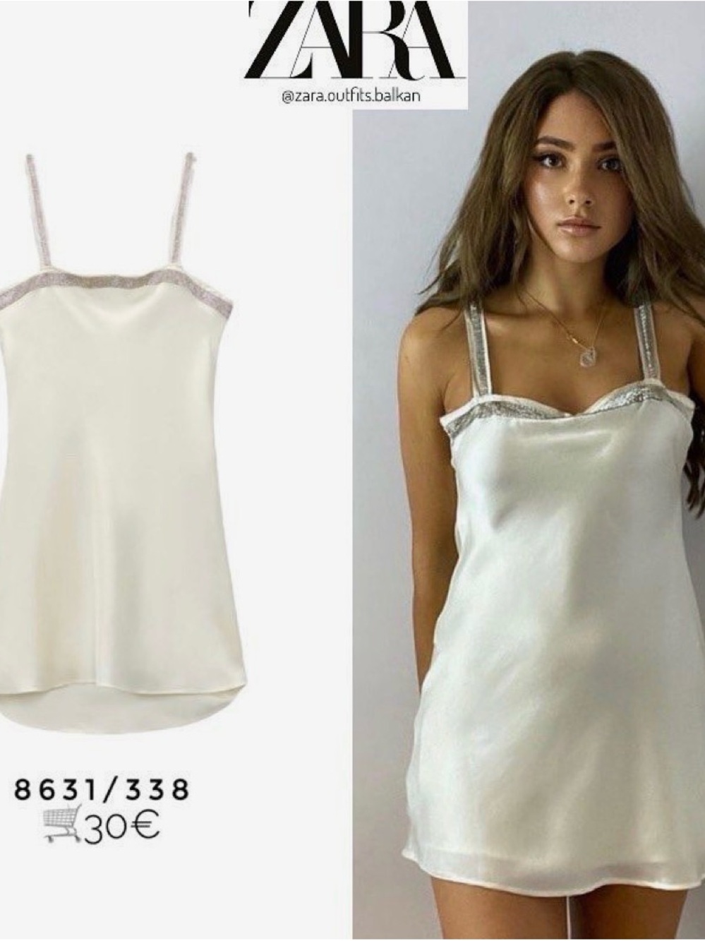Zara Cream Ivory Satin Slip Dress with Metallic Trim